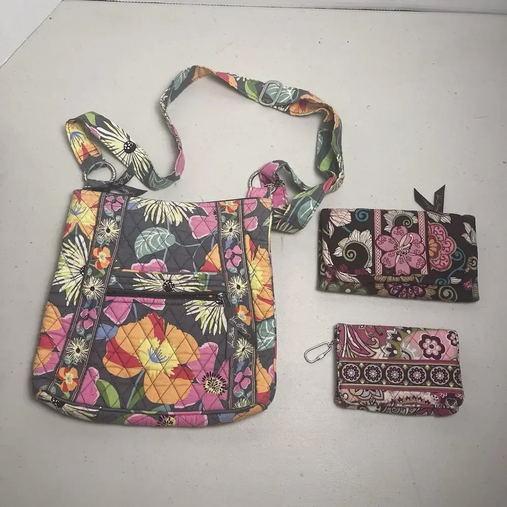 Vera Bradley Purse & Wallet Lot Jazzy Bloom Very Berry Mod Floral 100% Cotton - Picture 2 of 16